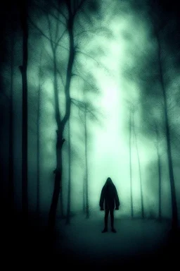 dark, foggy weather, night, forest, black, horror, art, evil, dark effect, white eyes, human shadows,