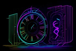 black background, outlines of a holographic clock and a calendar drawn from thin neon-coloured glowing lines