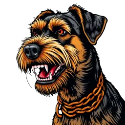 head of angry Airedale Terrier dog, facing viewers left, with blood shot eyes and bloodied teeth and bushy fur, an orange color chain collar around neck, vector