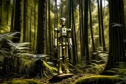 C3PO en mitad de un bosque de hayas, cuerpo entero, fotografía, disparo realizado con una cámara Leica, objetivo 35 mm, retrato, fondo desenfocado