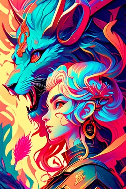 A dragon mixed with a mythical lion and a human female elf.Dramatic and powerful look and feel. Extensive attention to details. Bold lines. Vivid colors. 80s style retro anime art. Double exposure. cartoon style. cubism style