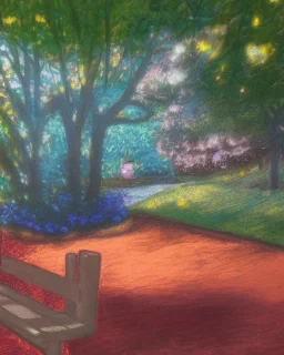 park fantasy dream, park bench, trees, birds, sunshine, pastel colors, detailed, soft , focus,