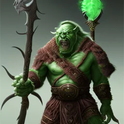 orc mage, Height 200cm, Weight 150kg, Skin color green, Has predator-like eyes, fangs, and claws He holds an old cane in his hand. Kills humans with ferocious accuracy, Intelligence is that of a human child. Wears crude silk armor