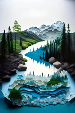 Image: Natural landscape composed of single-use plastic elements that mimic nature, such as trees and mountains, with a plastic river snaking through it. Message: The impactful image reflects how single-use plastics alter and threaten natural ecosystems, symbolizing the fragility of the relationship between plastic and nature. No text, inviting viewers to reflect on the impact of these plastics on the environment.