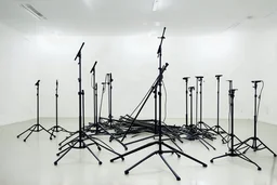 A pile of microphone stands in an empty white room