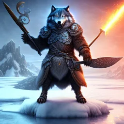 fantasy art, book cover, upper body of big shiny wizard with an axe in hand, in front of the ebony stairs of a bridge or dam ,icy water, on the bridge is a wolf, there is also a hawk sitting on his shoulder