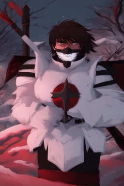 The character, in a striking white armour against a wintry backdrop stands with his arms behind his back inside the scene, he has a red and black circular symbol on his chest like a shield, a black pointed spear with a red handle on his back, His eyes are showing a dynamic expression and he wears a black oni with white sharp teeth on it covering the bottom part of his mouth he has brown shoulder pads and a white belt with a bag attached to it. He has dark brown hair, he does not wear a helmet.