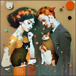 Random people and cats, random environment, random artistic style, random mixed techniques, random colours, random shapes, minimalist, creative, Precise figures, realistic textures, Klimt