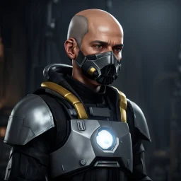 star wars bald male corellian pilot wearing pearlescent black and gunmetal grey First Order special forces heavy assault stealth commando armor and helmet with gold trim inside the jedi temple, hyperdetailed, dynamic lighting, hyperdetailed background, 8k resolution, volumetric lighting, light skin, fully symmetric details