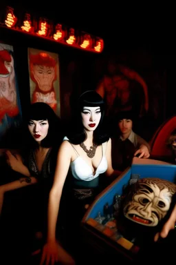 Betty Page and demonds, art from japanese style 1980 movie. Heavy metal arcade. perfect lighting, leica summicron 35mm f2.0, kodak portra 400, film grain. hangover post party, wasted.