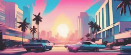 comic book illustration looking straight ahead,synthwave colors in Miami beach, sunshine, blue sky, art inspired in GTA VI game, cinematic light