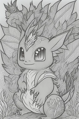 a pokemon, fire , legendary,cozy, detailed, cartoon style, coloring book page