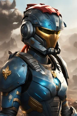 female sci-fi Power-Armor with cool helmet, Captain Marvel likeness, Spartan likeness, fallout game halo armor likeness