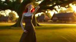 A photorealistic image of a red-haired, slender fantasy woman, winking and smiling, standing in a village common, surrounded by many thatched cottages and shops, under a large tree, early in the morning.