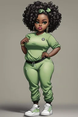 Create an whimsical image of a curvy chibi cartoon black female wearing a light green jogger set and black sneakers. Prominent make up with hazel eyes. Extremely highly detailed of messing curly bun