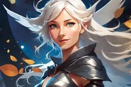 Highly detailed portrait of a beautifull fairy,smiling face with a wavy silver hair, blue eyes,light skin, wizard crown, cosmic robes, cinematic lighting, dramatic atmosphere, by dustin nguyen, akihiko yoshida, greg tocchini, greg rutkowski, cliff chiang, 4k resolution, nier:automata inspired, bravely default inspired, magical fairy background, wide canopies dominate the landscape,