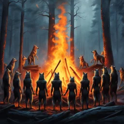 close up one large bonfire with its flames rising high in a clearing, around the bonfire many anthropomorphic wolves watching the flames. rain, cold deep colors, around them in the background dark trees with huge trunks, rainy day, high contrast, high detail, atmospheric, dark fantasy, sci-fi atmosphere, cinematic