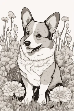 Portrait of a Corgi in a lively field of marigolds, mature coloring artwork, contour, vector, clean line art, white background, detailed, black and white, in the style of kalamkari design