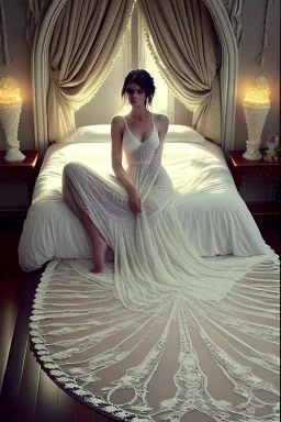 Beautiful woman in white lace sleeping dress lying in a fantastic carved bed covered in pearls and gems, a masterpiece by Greg Rutkowski, Jeffrey Jones, Thomas Kinkade, Greg Olsen, beautiful spectacular textures, striking amazing light and shadows, remarkable dramatic setting, stunning unique reflections in candlelight