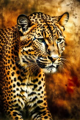 Full image beautiful leopard, textured cold pressed paper, thick encaustic painting style, burned shellac finish --ar 16:9 realistic