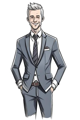 Drow me a happy white and young business man, with short hairs that he is standing and wearing a suit in real life and having his hands in his pockets
