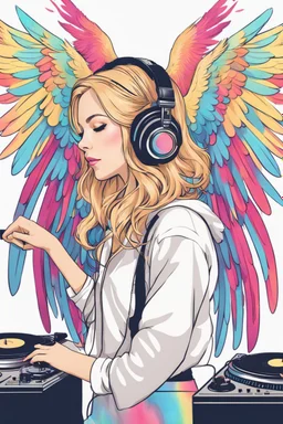 Photography Angel wings pretty girl with headphones playing music on a turntable, dj rave party disco club