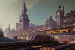 Trainstation on Italian village sea close up train+Elevated train+corner train+train on sea +alphonse mucha, greg rutkowski,matte painting, cryengine, hyper detailed, felix kelly, fantasy art, seb mckinnon