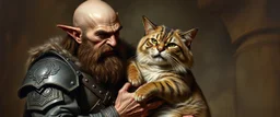 master oil painting by Rembrandt, fantasy orc soldier holding and petting a big ugly cat