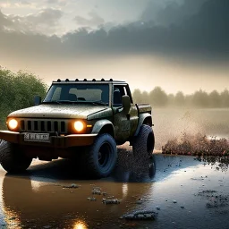 photorealistic shot, muddy military toy truck, monotone color palette, sharp focus, puddle reflection, tire water splash, refraction, mist on the horizon, shadowcast, detailed and intricate, cinematic composition, micro, tilt shift photography