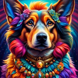 Beautiful anthropomorphic dog colorful art conceptual, amazing artwork, hyper detailed, ultra maximalist quality, 12k