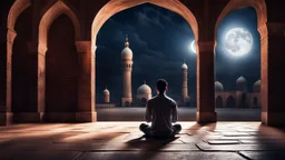 Hyper Realistic Photographic-Back-View of a Young Man-Alone praying-Namaz inside a Brick Mosque at night with moonlight-rays-coming-from-outside-window showing dramatic & cinematic ambiance.