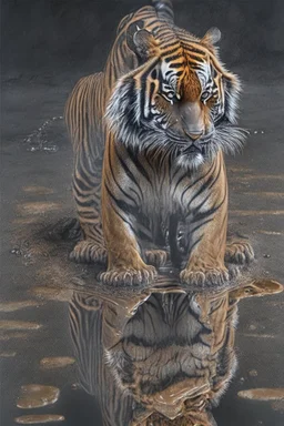 full body portrait, a hyper-realisitc tiger melting into a puddle of liquid, hyper-realistic natural form, full body, highly detailed melting details, emotional expression, detailed emotions, hyper detailed melting of the animal to the ground, engraved fur details, anatomically correct animal, dark colour tone, epic colour treatment, cinematic colour treatment, meticulously intricate perfectly symmetrical extremely detailed, pixiv daily ranking, pixiv, extreme depth of field, artstation, sculptu