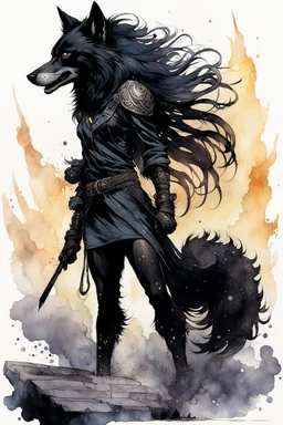 ink wash and watercolor full body concept illustration of an anthropomorphic, adventurous Black Wolf, underground resistance girl character with wildly flowing hair, ornately dressed with highly detailed feathers and facial features in the comic book style of Bill Sienkiewicz and Jean Giraud Moebius, with a fine art aesthetic, highly detailed , boldly inked, 4k UHD cinegraphic quality