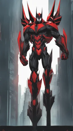 A close picture to Mix between transformers and batman and symbiote venom in solo leveling shadow art style with red details detailsis in fantasy world