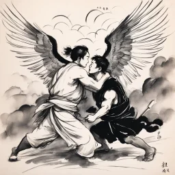[traditional Chinese brush, expressive line, ink washes] Jacob wrestling with angel