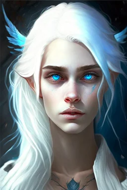 hauntingly beautiful character for dnd, young woman with white hair and blue eyes, angel