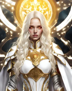 beautiful girl, floating golden halo above her, glowing detailed yellow eye, platinum blonde hair, long wavy hair, wearing expensive detailed white leather armor, wearing red detailed cape, war in the background