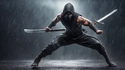 Hyper Realistic muscular-masked-ninja-warrior jumping & training with his swords in a dark-heavy-rainy-night