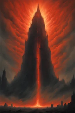 A burning city, ominous creature shadows in the sky,red beams of light, highly detailed,in the style of Zvidslav Beksinski