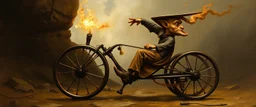 master oil painting by Rembrandt, magic trike man with vertical front wheel, and horisontal back wheels, gremlin brown, final battle forgotten realms