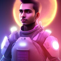 Cute indian boy face , Sci-fi character, orange backlight, pink and purple, scifi suit, profile, purple background, pink lighting