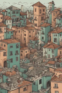 An illustration about a caotic city with a lot of elements using online 2 colors