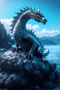 Ultra realistic photo of Dragon sitting on top of a rock next to a body of water concept ,full size, science, technology,future,electric ,futuristic style, design, practicality,manufacturability,performance, performance, HOF, professional photographer, captured with professional DSLR camera, trending on Artstation, 64k, full size, ultra detailed, ultra accurate detailed, bokeh lighting, surrealism, background,(((realism, realistic, realphoto, photography, portrait, , realistic, beautiful, elegan