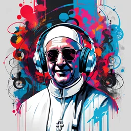 Illustrative sketch of Pope Francis in music with headphones, full body, contrasting colors, ultra quality, hyper detailed, graffiti, concept art, maximalism, 8k