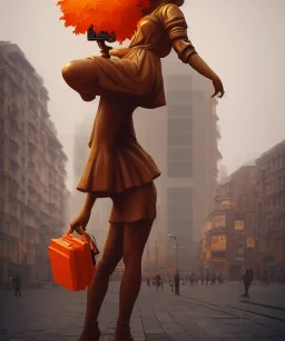 Statue of Queen of photography holding camera in hands. Cute blonde woman. Photographer in golden crown. Standing on the street. Big camera in her hand. hyperdetailed, photorealistic, trending on artstation, greg rutkowski, beksinski, kodachrome, volumetric lighting, gold and orange