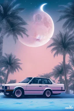 1980's aesthetic vaporwave palm trees with lighting with moon with bmw in the winter snow