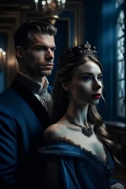 Handsome king and beautiful woman in gloomy mansion