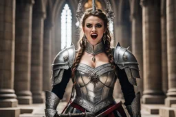 portait of a menacing bride in revealing bloody heavy armour, she holds a wedding rapier, she sticks out her tongue, shows her fangs and gives the finger [scene in a cathedral]