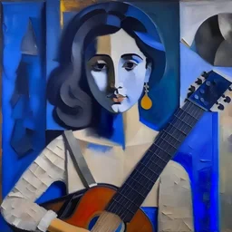 Detailed (fresco) of (Madonna Joan Baez) with blue guitar, by (Picasso), Blue Period, and Matisse. Her face is natural, realistic, true-to-life. ((Her hair is black)). The (rough stone texture) is showing through the paint. ((Muted colors)), [dramatic lighting]. [[Expressive brush strokes]]. [Paint texture]. Canvas texture. Art history, Google images, 4k. (Simple background), (Simplified background).