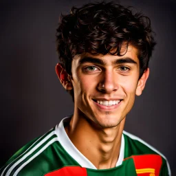 85mm DSLR color photography of a very detailed headshot fitting all of head and hair in frame. 19-year-old Spanish soccer player, and with no facial hair and has no facial hair, has short and black hair with a small smile, grey background